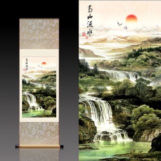 Chinese Silk Scroll Painting Lofty Mountains And Flowing Water （高山流水）