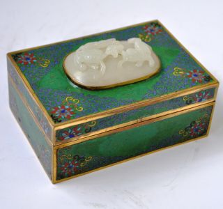 19th Century Antique Chinese Cloisonne White Jade Foo Dog Box