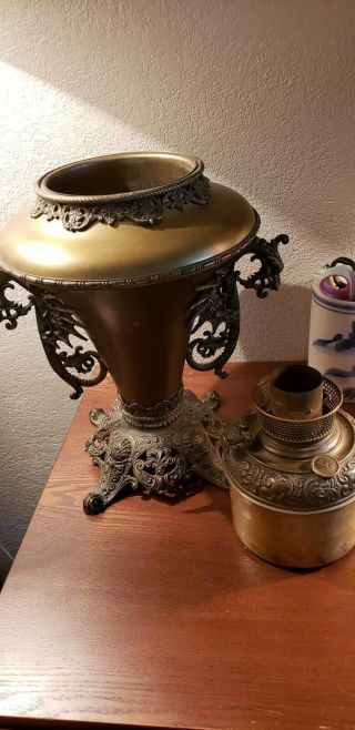 Antique B & H Bradley & Hubbard brass oil lamp,  dragon handles, . 10