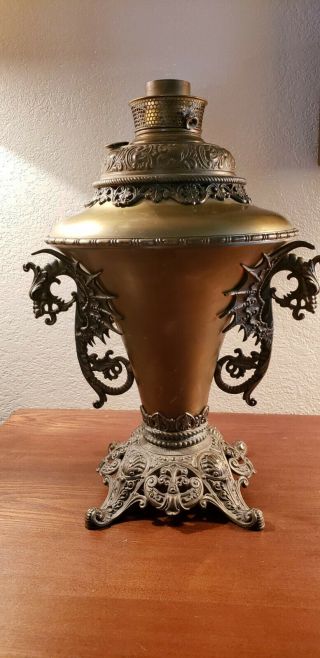 Antique B & H Bradley & Hubbard Brass Oil Lamp,  Dragon Handles, .