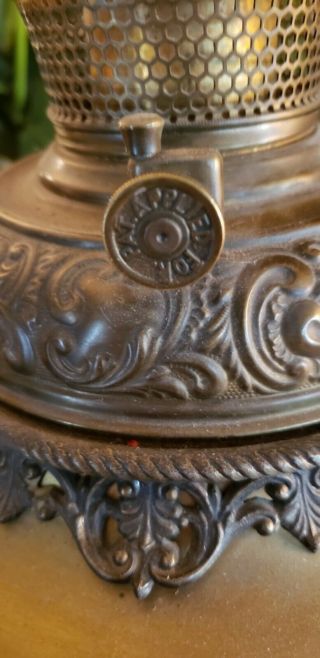 Antique B & H Bradley & Hubbard brass oil lamp,  dragon handles, . 3