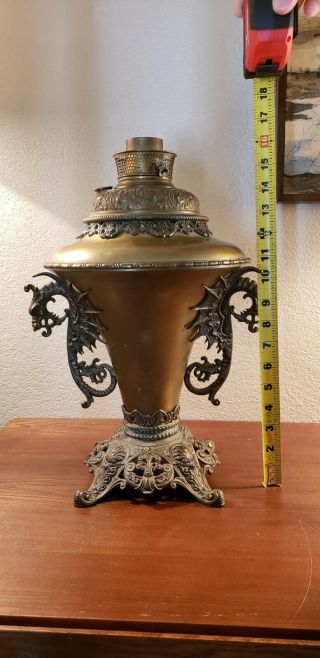 Antique B & H Bradley & Hubbard brass oil lamp,  dragon handles, . 4