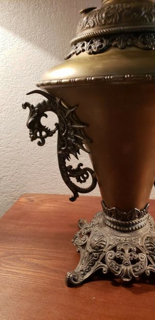 Antique B & H Bradley & Hubbard brass oil lamp,  dragon handles, . 5