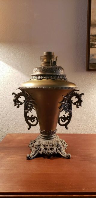 Antique B & H Bradley & Hubbard brass oil lamp,  dragon handles, . 8