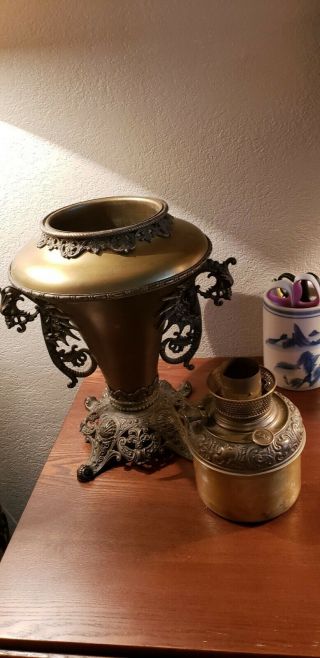 Antique B & H Bradley & Hubbard brass oil lamp,  dragon handles, . 9