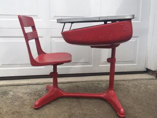 Vintage 1930s Child ' s School Desk & Chair Wood And Metal American Seating Co 3