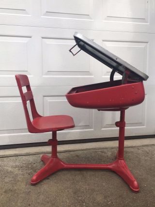 Vintage 1930s Child ' s School Desk & Chair Wood And Metal American Seating Co 4