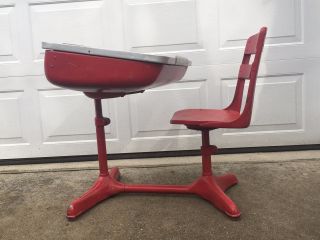 Vintage 1930s Child ' s School Desk & Chair Wood And Metal American Seating Co 8