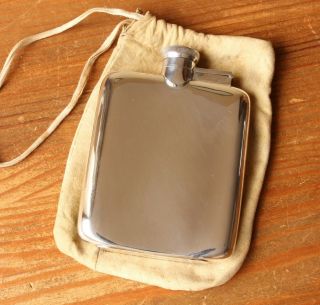 Solid Silver Hip Spirit Flask & Leather Pouch.  James Dixon Vintage 1945