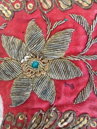 Three Antique 19thc Gold Bullion Stumpwork Embroidery Fragments Red Silk