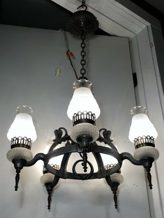 Antique 1930s Chandelier Arts & Crafts Tudor Vtg Hammered Mission Light Fixture