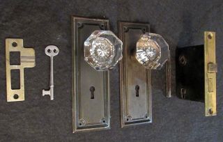 1 Pair Antique Glass Door Knobs Skeleton Key Mortise Backplate (many Available)