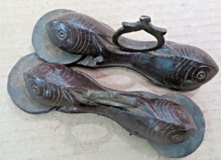 Antique Music Instrument Carved Fish Shaped Holy Percussion Finger Cymbals 2x S