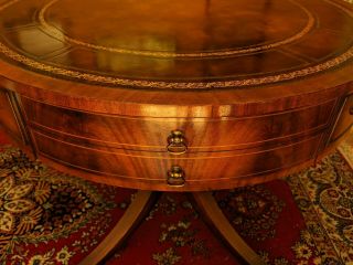 Leather Top Drum Table Round Figured Mahogany Antique Embossed Top