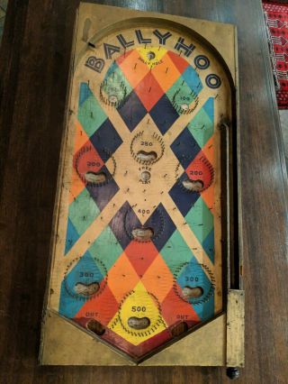 Antique Bally Hoo Bagatelle Wood Pinball Marble Game Colors 28.  5x14.  5