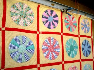 Vtg 1930 ' s 1940 ' s wagon wheel Quilt hand quilted stitched dresden plate 8
