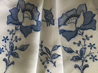 Stunning Large Vintage Linen Tablecloth Blue Madeira Emb Roses & Butterflies