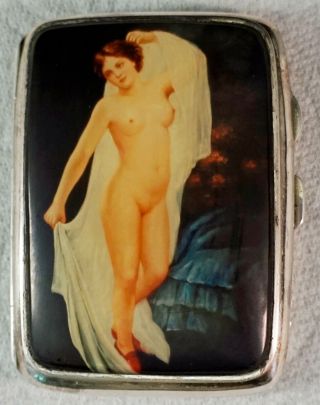 English Sterling Silver Cigarette Case W/ Enamel Nude On Lid J.  Gloster Ltd 1925