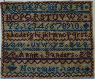 Very Small Late 19th Century Alphabet Sampler By Annie Sanders - November 1886