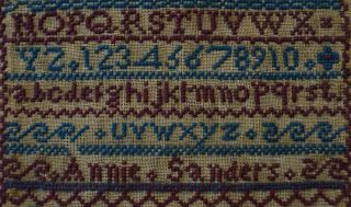 VERY SMALL LATE 19TH CENTURY ALPHABET SAMPLER BY ANNIE SANDERS - November 1886 8