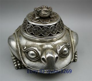 Chinese Old Tibetan silver Incense burner Statues Hand Carved Money Toad wealth 2