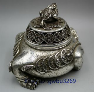 Chinese Old Tibetan silver Incense burner Statues Hand Carved Money Toad wealth 4