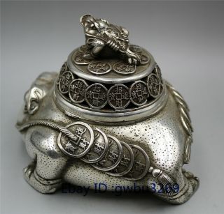 Chinese Old Tibetan silver Incense burner Statues Hand Carved Money Toad wealth 5