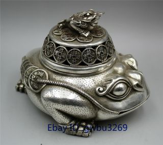 Chinese Old Tibetan silver Incense burner Statues Hand Carved Money Toad wealth 6