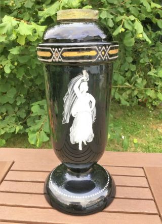 Victorian Black Glass Oil Lamp Font & Base,  Mary Gregory Classical Goddess