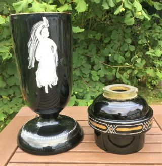 Victorian Black Glass Oil Lamp Font & Base,  Mary Gregory Classical Goddess 3