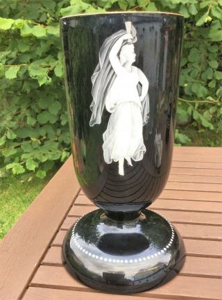 Victorian Black Glass Oil Lamp Font & Base,  Mary Gregory Classical Goddess 4