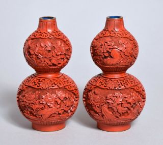 Very Good Vintage Chinese Cinnabar Gourd Vases In