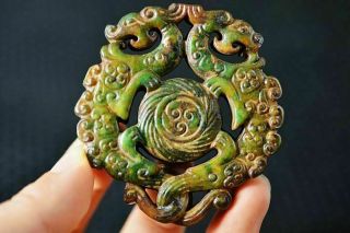 Delicate Chinese Old Jade Carved Double Dragon Pendant Y11