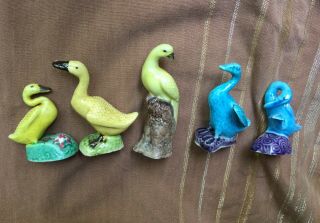 Five Antique Chinese Figurines: Turquoise & Yellow Mud Duck Pairs Plus Bird