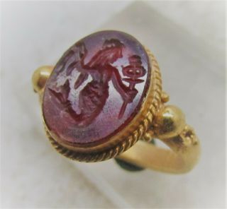Ancient Greek Gold Ring High Carat Gold Carnelian Intaglio Mermaid