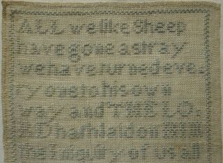 SMALL LATE 19TH CENTURY BLUE STITCH WORK QUOTATION SAMPLER BY E.  MORRISON - 1882 2