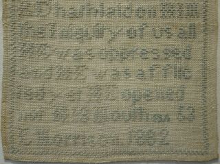 SMALL LATE 19TH CENTURY BLUE STITCH WORK QUOTATION SAMPLER BY E.  MORRISON - 1882 3