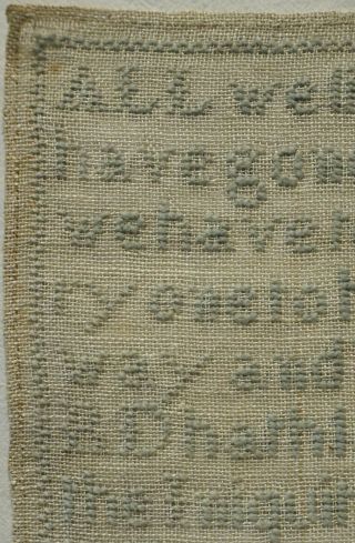 SMALL LATE 19TH CENTURY BLUE STITCH WORK QUOTATION SAMPLER BY E.  MORRISON - 1882 4