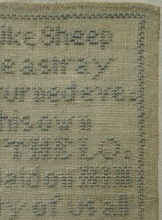 SMALL LATE 19TH CENTURY BLUE STITCH WORK QUOTATION SAMPLER BY E.  MORRISON - 1882 5