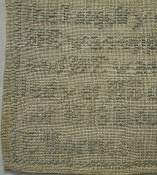SMALL LATE 19TH CENTURY BLUE STITCH WORK QUOTATION SAMPLER BY E.  MORRISON - 1882 6