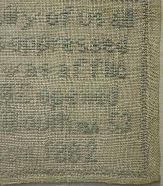 SMALL LATE 19TH CENTURY BLUE STITCH WORK QUOTATION SAMPLER BY E.  MORRISON - 1882 7