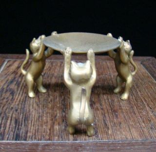 Collectible Handmade Carving Statue Cat Candlestick Copper Gild Deco Art