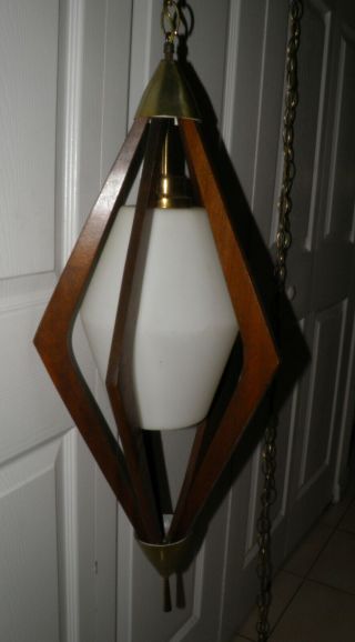 1960’s Vintage Mid - Century DANISH MODERN Walnut Frosted Glass Hanging SWAG LAMP 12