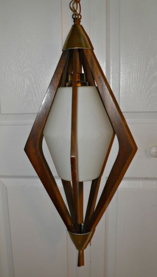 1960’s Vintage Mid - Century Danish Modern Walnut Frosted Glass Hanging Swag Lamp