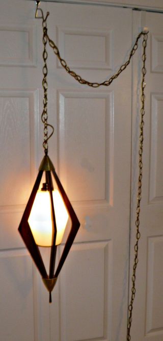 1960’s Vintage Mid - Century DANISH MODERN Walnut Frosted Glass Hanging SWAG LAMP 2