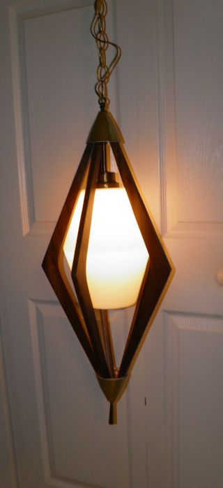 1960’s Vintage Mid - Century DANISH MODERN Walnut Frosted Glass Hanging SWAG LAMP 4