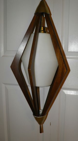 1960’s Vintage Mid - Century DANISH MODERN Walnut Frosted Glass Hanging SWAG LAMP 5