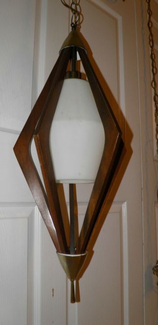 1960’s Vintage Mid - Century DANISH MODERN Walnut Frosted Glass Hanging SWAG LAMP 7