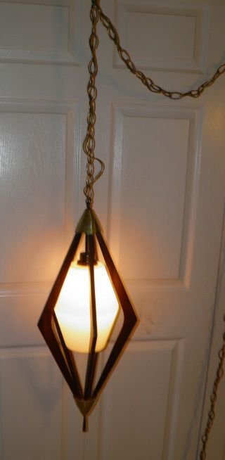 1960’s Vintage Mid - Century DANISH MODERN Walnut Frosted Glass Hanging SWAG LAMP 8
