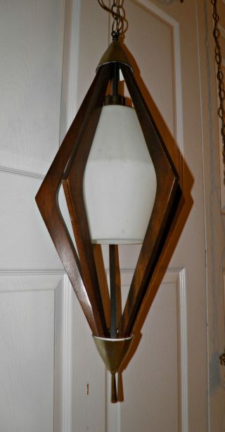 1960’s Vintage Mid - Century DANISH MODERN Walnut Frosted Glass Hanging SWAG LAMP 9